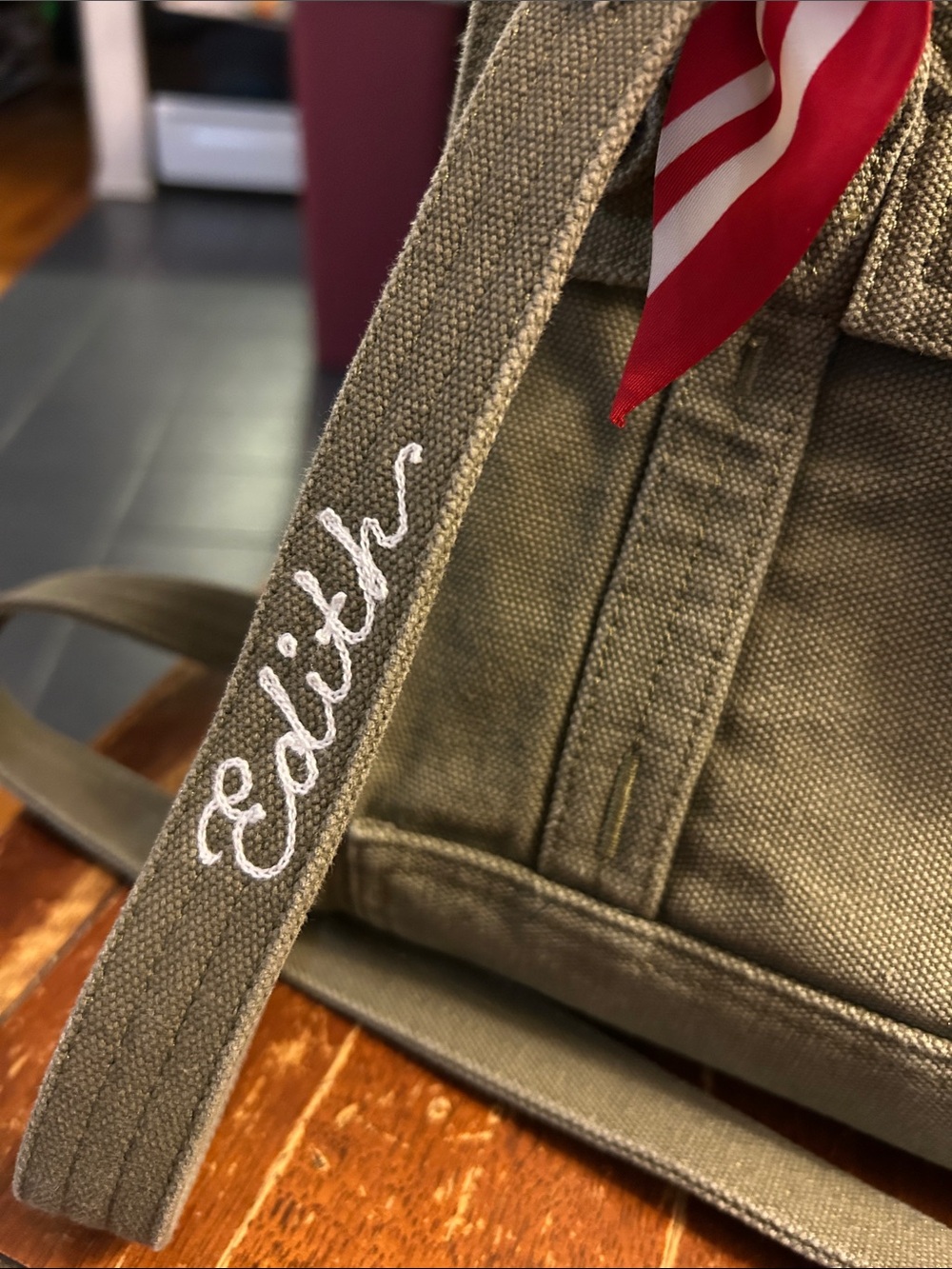 Gap Bag Small Olive Canvas Tote with Red Scarf-Wrapped Handles - Picture 3 of 10